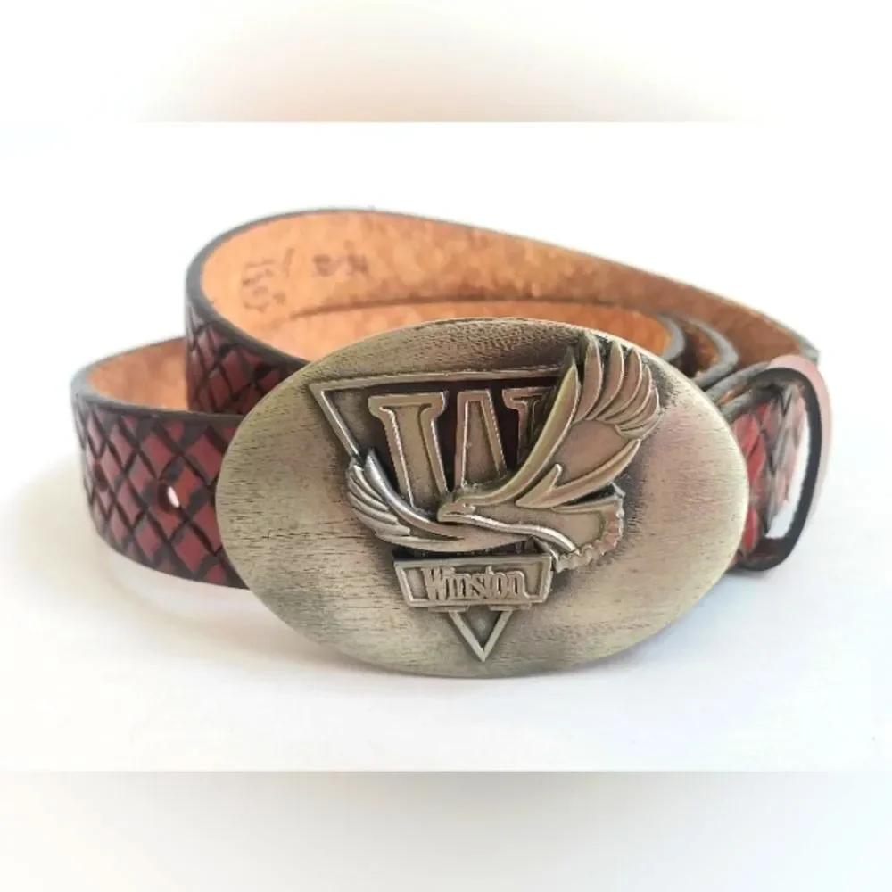 Vintage Winston Eagle Buckle W/Tooled Brown Bridle Leather Belt USA Size 32/34